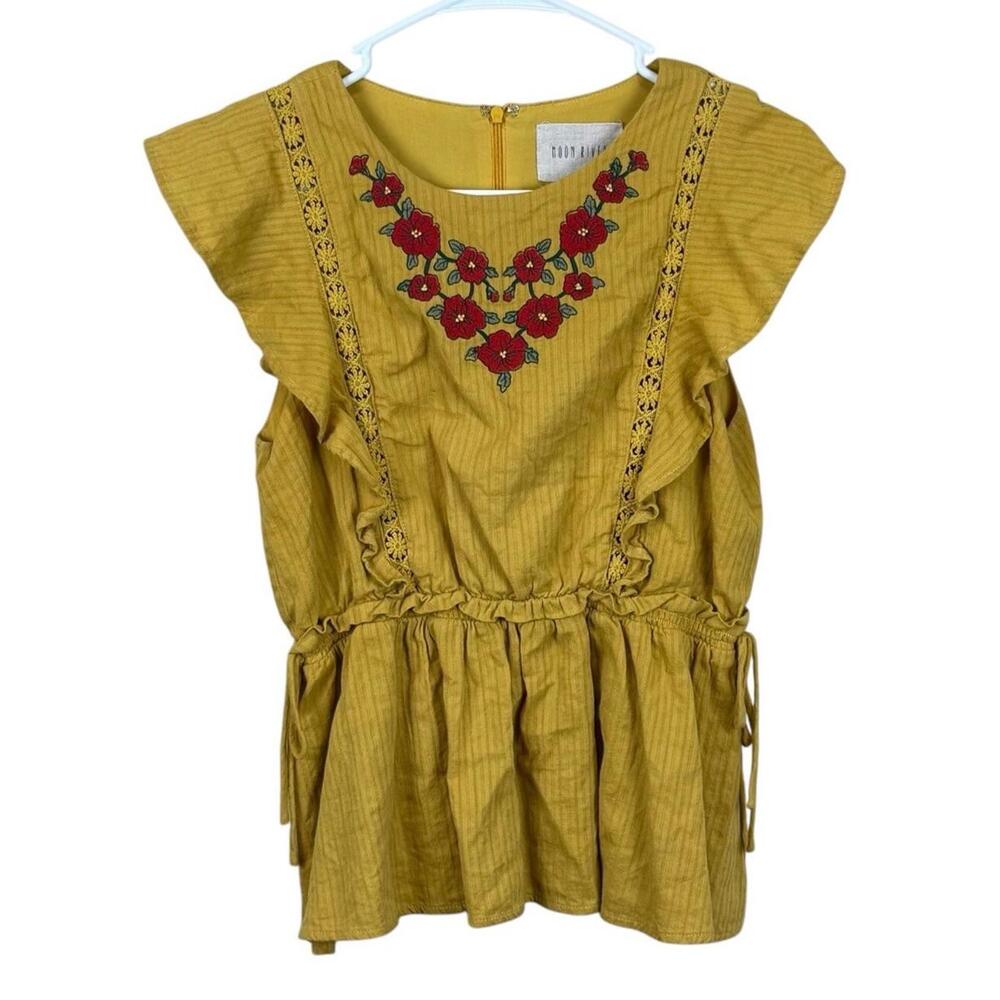 Moon River Blouse Women‎ Sz S Top Mustard Yellow Embroidered Flutter Sleeve